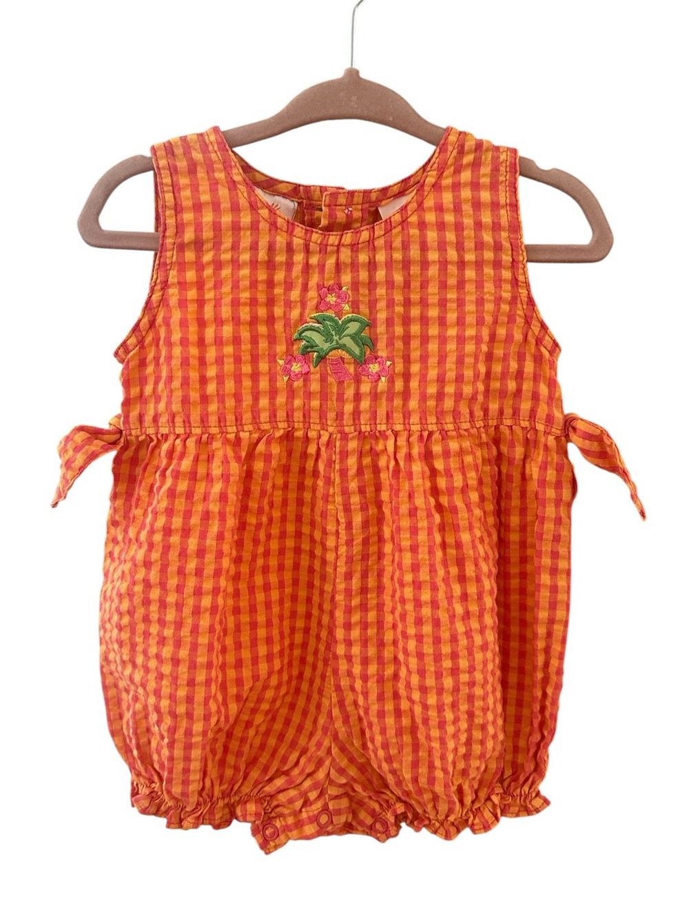 Vintage 90s Carter's Orange Gingham Palm Tree Bubble Romper - Y2K